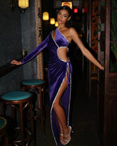 One Shoulder Rhinestone Tied Up Maxi Velvet Prom Dresses